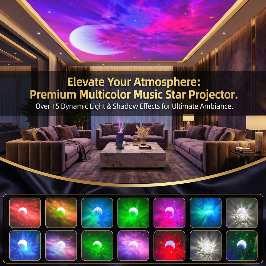 Premium Multicolor Music Star Projector with 15+ dynamic light effects in luxury living room