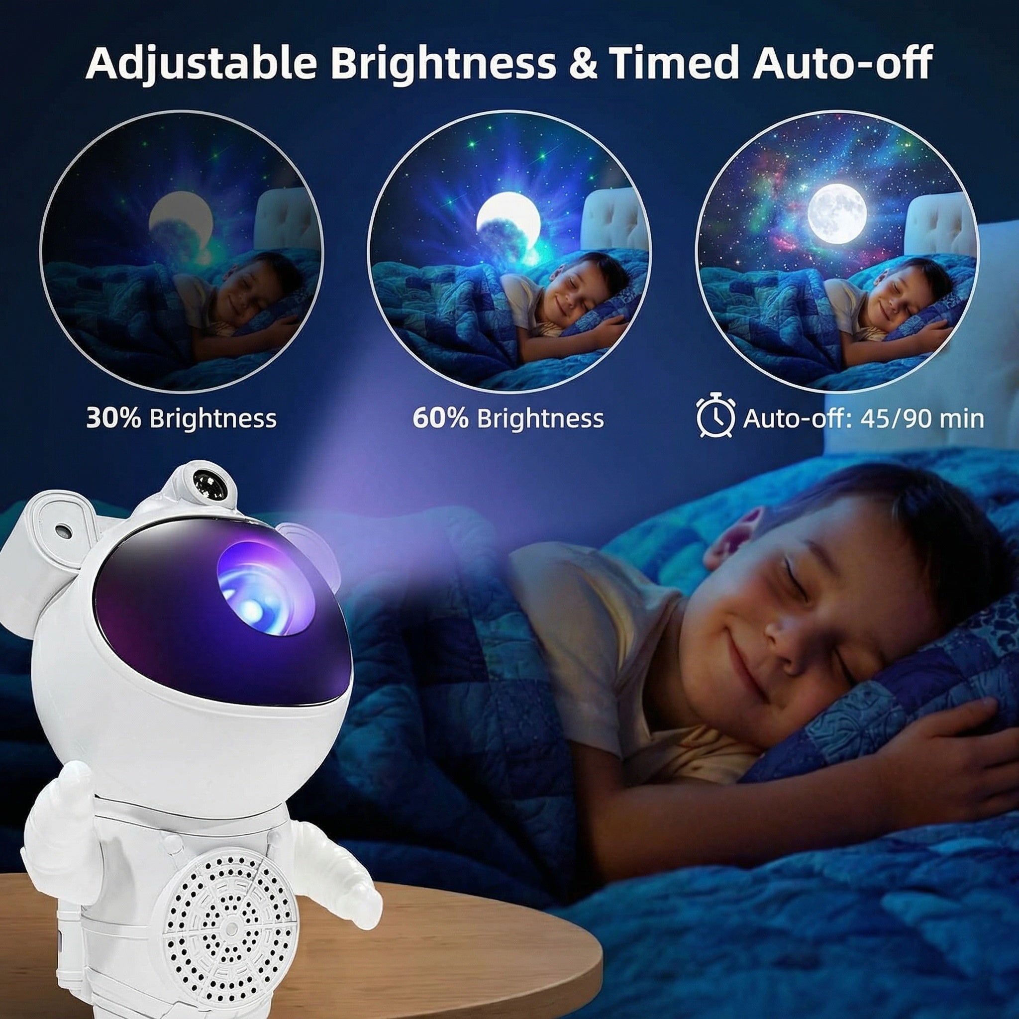 Astronaut Galaxy Projector adjustable brightness levels and timed auto-off feature