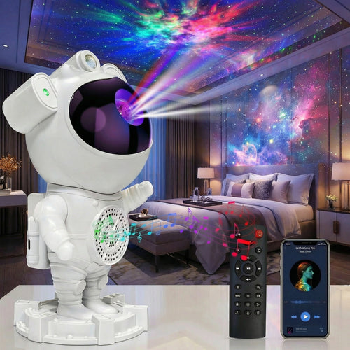 Astronaut Galaxy Projector with remote control and Bluetooth speaker projecting colorful nebula on ceiling